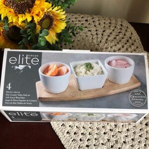 Gibson White Ceramic 4-Piece Tidbit Set with Acacia Wood Base
